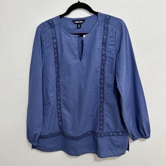 Lands End Pacific Blue Cotton Eyelet Lace Boho Art-to-Wear Tunic Top Size M - Picture 1 of 10